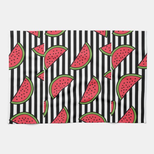 Watermelon Black & White Stripes Pattern Theedoek (Horizontaal)