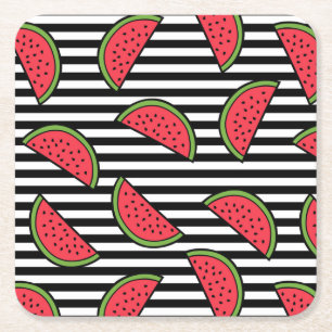Watermelon Black & White Stripes Pattern Vierkante Kartonnen Onderzetter