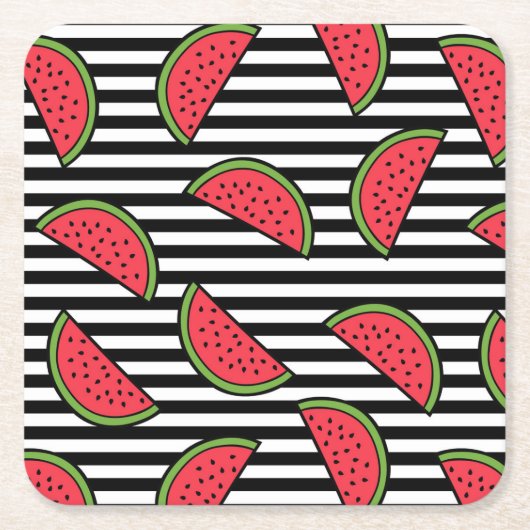 Watermelon Black & White Stripes Pattern Vierkante Kartonnen Onderzetter (Voorkant)