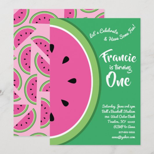 Watermelon Coloré 1er Anniversaire Cute Invitation (Devant / Derrière)