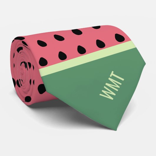 Watermelon Monogram Funny Fruit Slice Polkadot Stropdas (Opgerold)