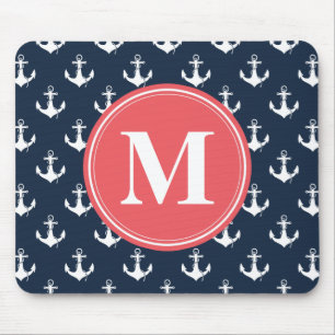 Watermelon Monogrammed Navy Blue Anchor Pattern Muismat