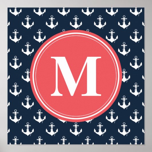 Watermelon Monogrammed Navy Blue Anchor Pattern Poster (Voorkant)