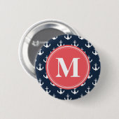 Watermelon Monogrammed Navy Blue Anchor Pattern Ronde Button 5,7 Cm (Voorkant /achterkant)