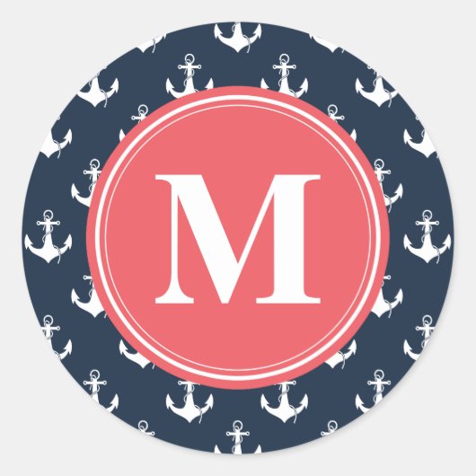 Watermelon Monogrammed Navy Blue Anchor Pattern Ronde Sticker (Voorkant)