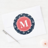 Watermelon Monogrammed Navy Blue Anchor Pattern Ronde Sticker (Envelop)