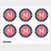 Watermelon Monogrammed Navy Blue Anchor Pattern Ronde Sticker (Vel)