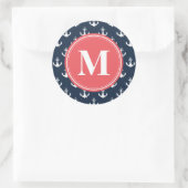 Watermelon Monogrammed Navy Blue Anchor Pattern Ronde Sticker (Tas)