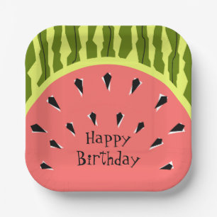 Watermelon Stripe Pink Happy Birthday vierkant Papieren Bordje
