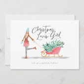Waterolor Kerstmis Lovin' Girl Pulling Sleigh Feestdagenkaart (Voorkant)