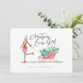 Waterolor Kerstmis Lovin' Girl Pulling Sleigh Feestdagenkaart (Staand voorkant)
