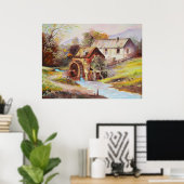 Waterrad in het rivierlandschap schilderij poster (Thuiskantoor)
