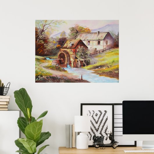 Waterrad in het rivierlandschap schilderij poster (Thuiskantoor)