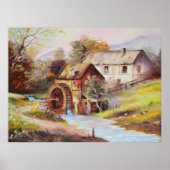 Waterrad in het rivierlandschap schilderij poster (Voorkant)