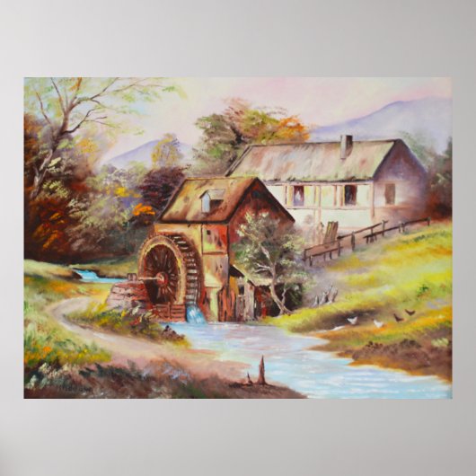 Waterrad in het rivierlandschap schilderij poster (Voorkant)