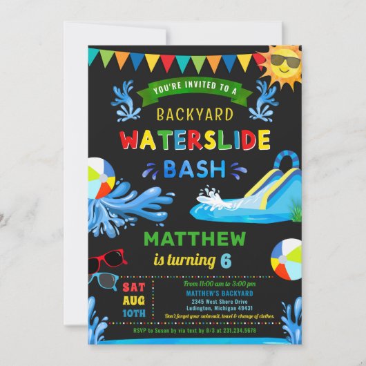 Waterslide Bash Zomer Jongen Verjaardagsfeestje Kaart (Voorkant)