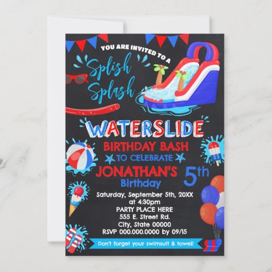 Waterslide Splish Splash Verjaardag Rood Wit Blauw Kaart (Voorkant)