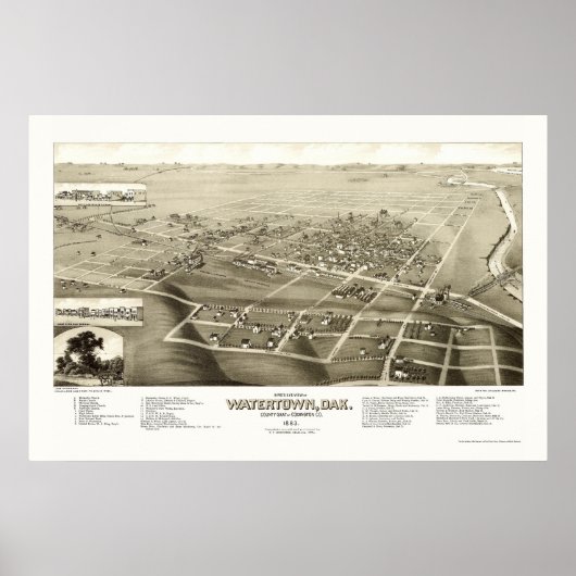 Watertown, SD Panoramic Map - 1883 Poster (Voorkant)