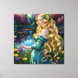 *~ Waterval AP56 Art Blondine Vrouw Vijver Bloemen Canvas Afdruk
