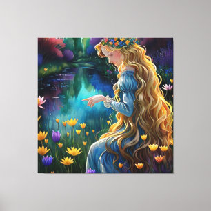 *~ Waterval AP56 Kunst Vrouw Vijver Punt Bloemen Canvas Afdruk