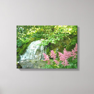 Waterval en Roze Astilbe Canvas Afdruk