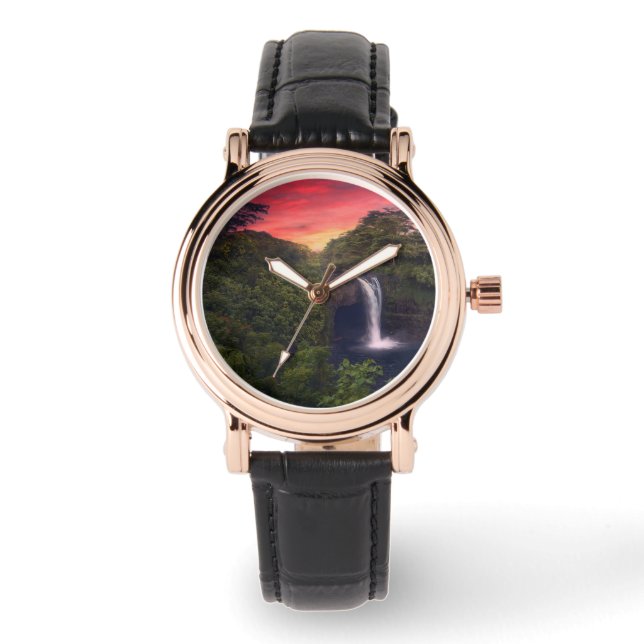 Waterval | Rainbow-Herfsten, Hilo, Hawaii Horloge (Voorkant)