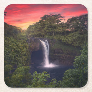 Waterval Rainbow-Herfsten, Hilo, Hawaii Vierkante Kartonnen Onderzetter