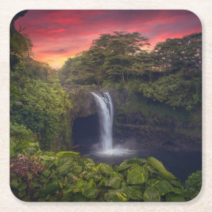 Waterval Rainbow-Herfsten, Hilo, Hawaii Vierkante Kartonnen Onderzetter
