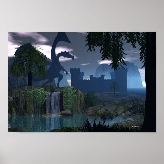 Watervalfantasie met drakenPoster Poster (Voorkant)
