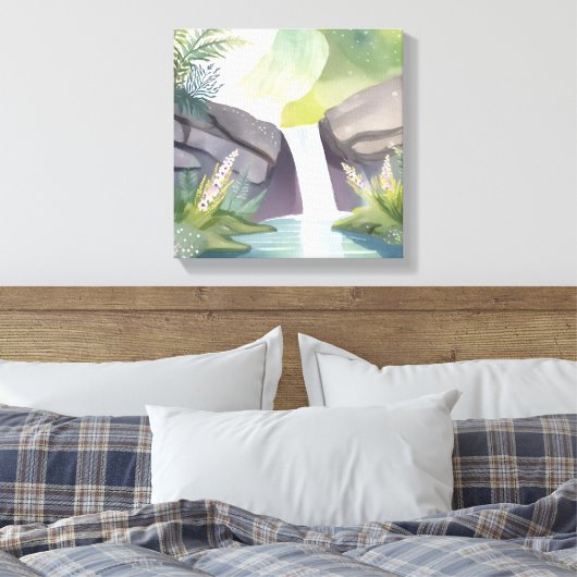 watervalfluistering | Natuur Waterverf Landschap Canvas Afdruk (Insitu (Slaapkamer))