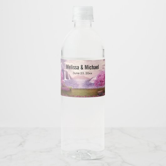 Watervallen en Cherry Trees rond een bruiloft Waterfles Etiket (Voorkant)
