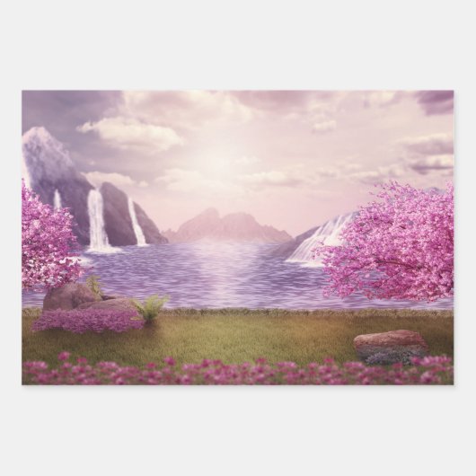 Watervallen en Cherry Trees rond een meer Inpakpapier Vel (Voorkant)