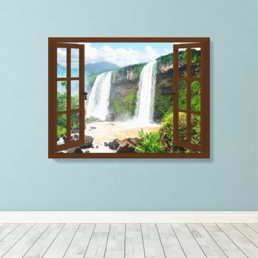 Watervallen Uitzicht Faux Venster Canvas Afdruk (Insitu (Houten vloer))