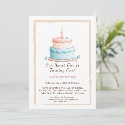 Waterverf 1e verjaardagsuitnodiging met taartkaars kaart (Staand voorkant)