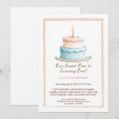 Waterverf 1e verjaardagsuitnodiging met taartkaars kaart (Voorkant / Achterkant)