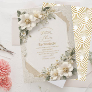 Waterverf 3D witte bloemen goud Bruidsdouche Kaart
