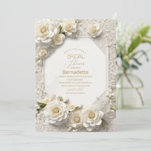 Waterverf 3D witte bloemen goud Bruidsdouche Kaart (Staand voorkant)