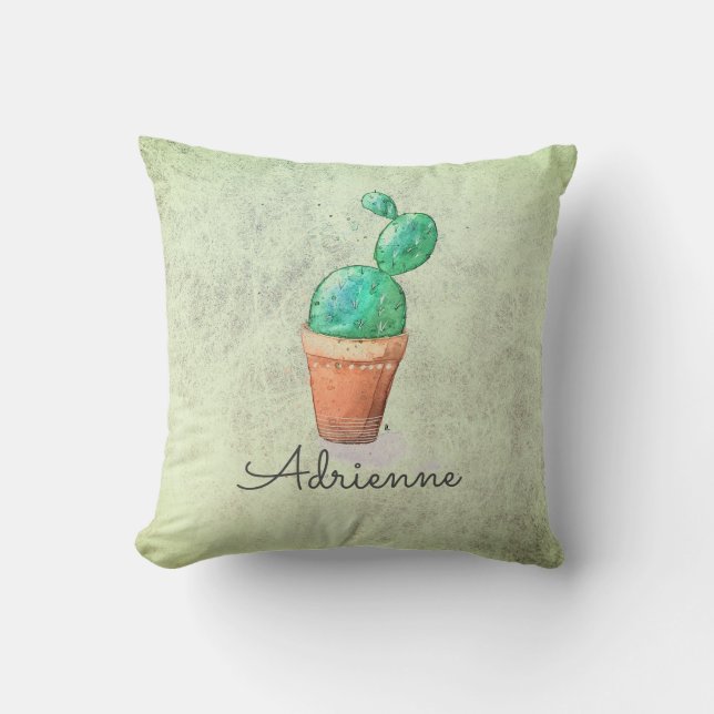 Waterverf Aangepaste Naam Cactus Plant Accent Kussen (Voorkant)