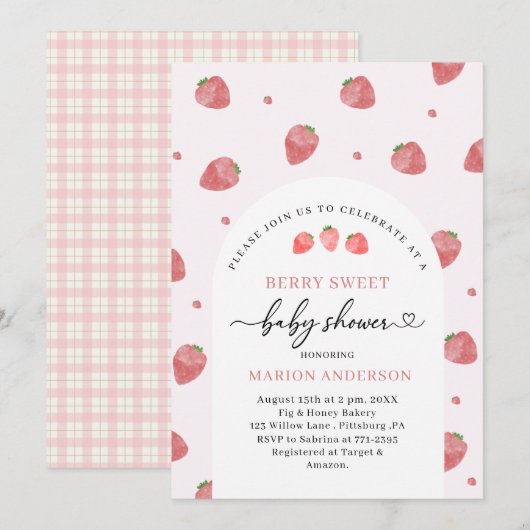 Waterverf Aardbei Baby shower Invitation Kaart (Voorkant / Achterkant)