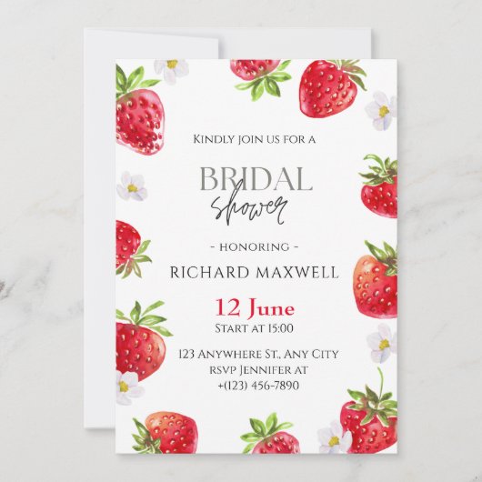 Waterverf Aardbei Bruids Douche Invitation Kaart (Voorkant)