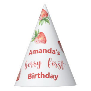 Waterverf aardbeien 1e verjaardagsfeestje feesthoedjes
