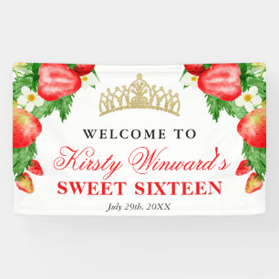 Waterverf Aardbeien & Bloemen Gefeliciteerd Sweet  Spandoek