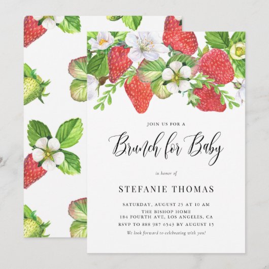 Waterverf aardbeien botanische Baby Brunch Kaart (Voorkant / Achterkant)