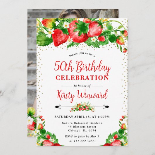 Waterverf Aardbeien en bloemen 50e verjaardag Kaart (Voorkant / Achterkant)