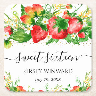 Waterverf Aardbeien en Bloemen Sweet Sixteen Vierkante Kartonnen Onderzetter