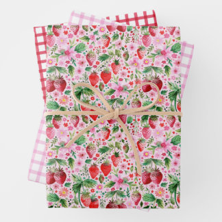 Waterverf Aardbeien en Roze en Rode Gingham Inpakpapier Vel