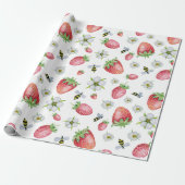 Waterverf Aardbeien Fruit, Bijen en Bloemen Cadeaupapier (Uitgerold)