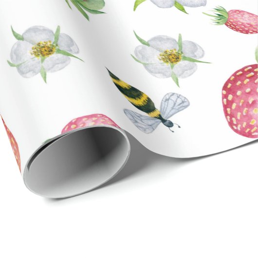 Waterverf Aardbeien Fruit, Bijen en Bloemen Cadeaupapier (Rol Hoek)