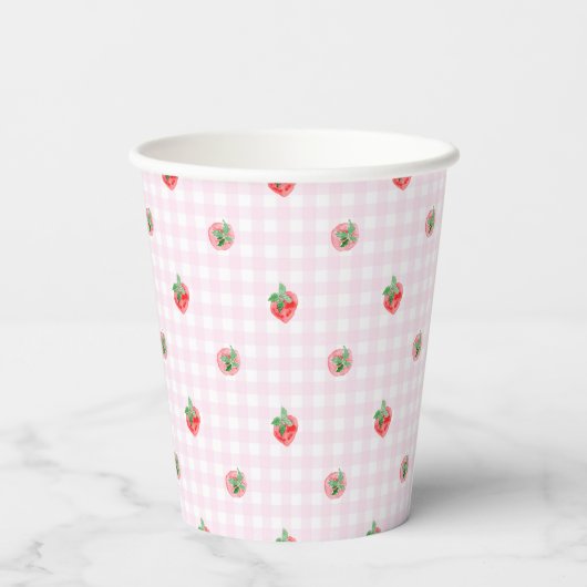 Waterverf aardbeien op een roze gingham papieren bekers (Achterkant)