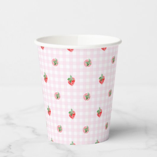 Waterverf aardbeien op een roze gingham papieren bekers (Links)